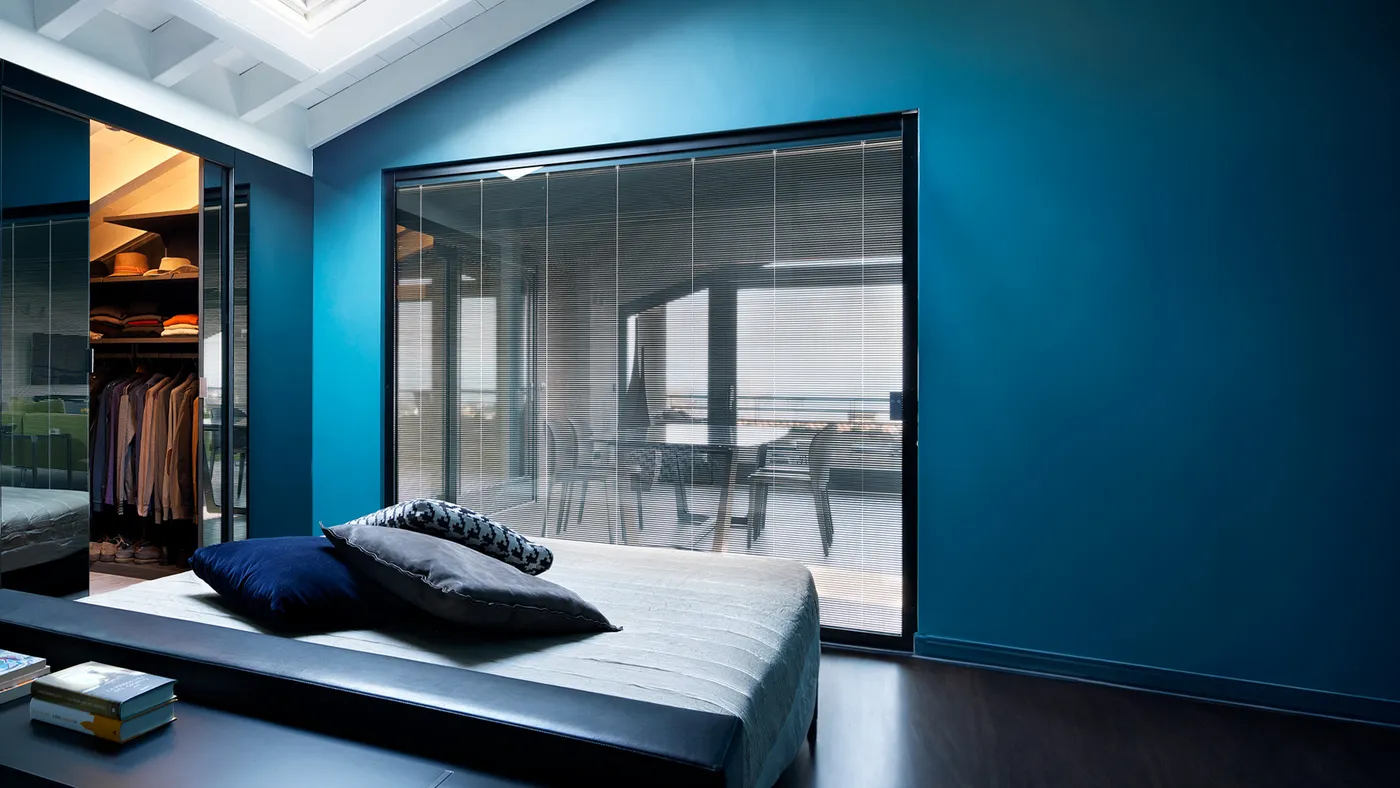 Living room with an integral Venetian blind inside the glazing